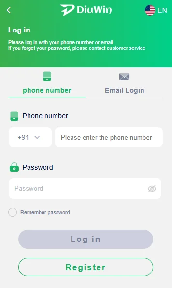 Diuwin game login page
